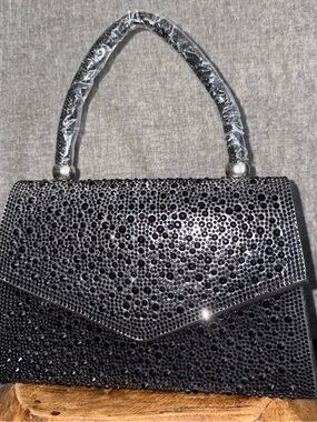Black Crystal-Studded Evening Clutch with Top Handle.  BNWT